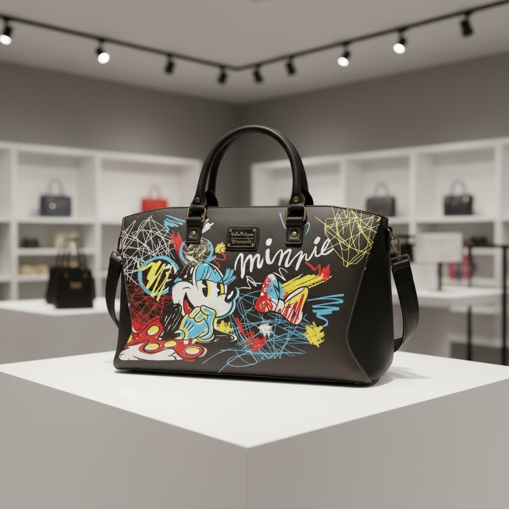 Disney Loungefly Minnie Mouse Graffiti Purse Satchel Bag Black Multicolor